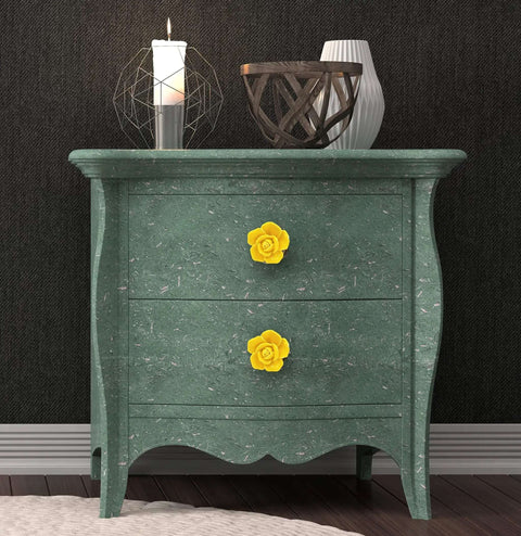 Totally Rad Yellow Ceramic Drawer Knobs Featuring A Sweet Vintage Floral Rose Pattern for Dressers Closets and Kitchen Cupboards Set of 2 on a green dresser.
