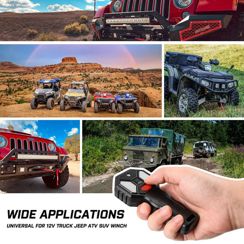 Collage of vehicles using Wireless Winch Remote Control Kit With 2 Button Handset For Cars ATVs And SUVs 12V in various terrains