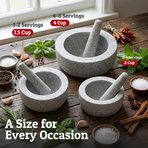 Multiple Heavy Duty Granite Mortar And Pestle Sets Hand Carved From Natural Stone With Varying Sizes For Versatile Kitchen Use