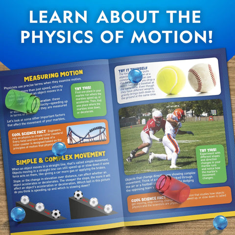 Open book displaying physics concepts, related to Epic Marble Run Kit With Motorized Elevator And Spiral Lift 150 Piece Marble Maze Set.