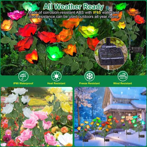 Rose Shaped Solar Lights Outdoor Waterproof 2026 Upgrade With Realistic Silk Petals, 7 Color Changing Garden Lights in various settings
