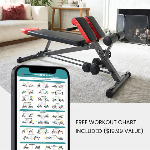 All In One Adjustable Weight Bench For Full Body Home Gym Workouts With Bench Press Back Extension Roman Chair Sit Ups Core And Glute Training For Real Gains Heavy Duty Frame Smooth Adjustments And Sturdy Support set up in living room with workout chart on phone screen