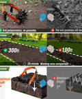 Rotary Cultivator Garden Tool With Adjustable Long Handle Tiller Featuring Star Shaped Rolling Tines demonstrating soil pulverization depth and coverage.