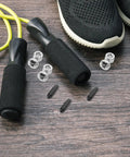 Top Notch Jump Rope Repair Kit With 10 Heavy Duty Metal Caps And Screw Ends For Speed Ropes Prevents Wire Exposure And Stripping Perfect For Sports Teams Cl, jump rope caps, shoes, and rope handles on wood