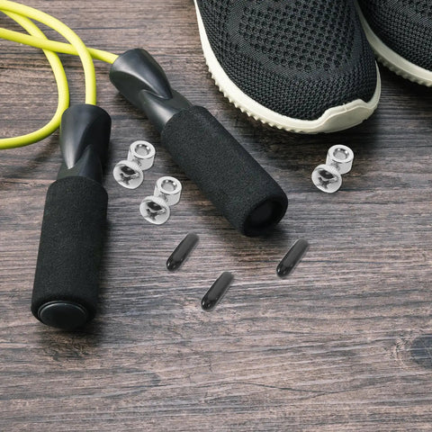 Top Notch Jump Rope Repair Kit With 10 Heavy Duty Metal Caps And Screw Ends For Speed Ropes Prevents Wire Exposure And Stripping Perfect For Sports Teams Cl, jump rope caps, shoes, and rope handles on wood