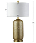 Gold Modern Resin Table Lamp 30 Inch Tall With White Linen Drum Shade Glam Contemporary Bedside Light For Living Room And Bedroom UL Listed LED Bulb Included Easy Plug In Vibe with gold textured base and linen shade