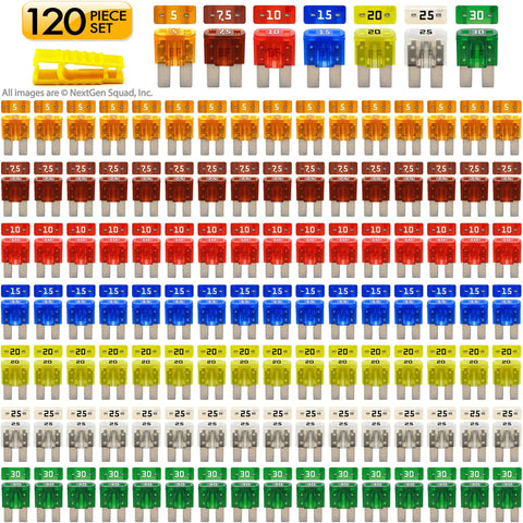 Auto Micro2 Fuse Kit 120 Piece With Fuse Puller 5A 7A 10A 15A 20A 25A 30A Color coded transparent nylon housings