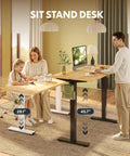 Adjustable Height Solid Bamboo Standing Desk 60 By 30 Inches With Sturdy Black Steel Frame being used by a man and a child.