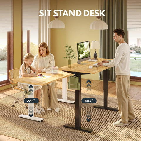 Adjustable Height Solid Bamboo Standing Desk 60 By 30 Inches With Sturdy Black Steel Frame being used by a man and a child.