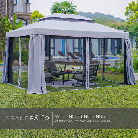 Outdoor Gazebo 10x13 With Mosquito Netting And Curtains, Weather Resistant Patio Canopy in backyard setting with chairs