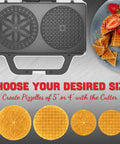 SugarWhisk Electric Pizzelle Maker Non-Stick Stroopwafel Iron featuring 5 and 4 inch molds with waffle cookies and strawberries.