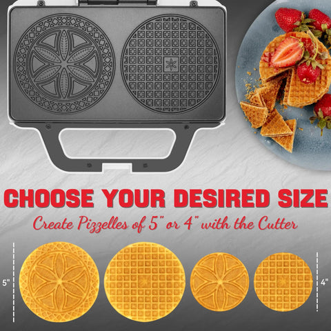SugarWhisk Electric Pizzelle Maker Non-Stick Stroopwafel Iron featuring 5 and 4 inch molds with waffle cookies and strawberries.