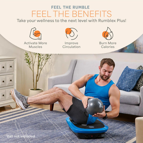 Man exercising on Rumblex Plus 4D Vibration Plate Exercise Machine with whole body vibration in living room setting