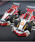 Two assembled race cars from Ten In One Racing Vehicle STEM Build Kit Hands On With 225 Parts And Real Tools For Kids Ages Eight And Up