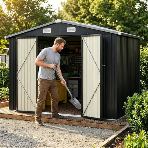 Beefy Heavy-Duty Metal Outdoor Storage Shed With Sloped Roof And Lockable Door For Patio, Lawn And Backyard, Black 10x8 Ft