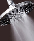 High Pressure 6 Setting 7 Inch Rainfall Shower Head in use showing strong water flow, angle adjustable, chrome finish