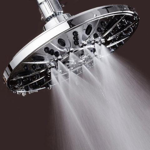 High Pressure 6 Setting 7 Inch Rainfall Shower Head in use showing strong water flow, angle adjustable, chrome finish