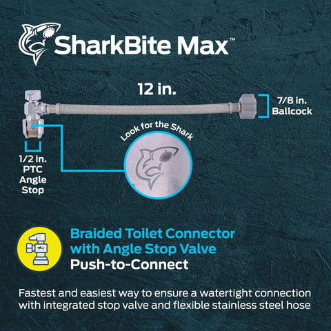 Stainless Steel Braided Toilet Connector With Built-In Angle Stop Valve, 1/2 In Push-To-Connect Inlet To 7/8 In Ballcock image