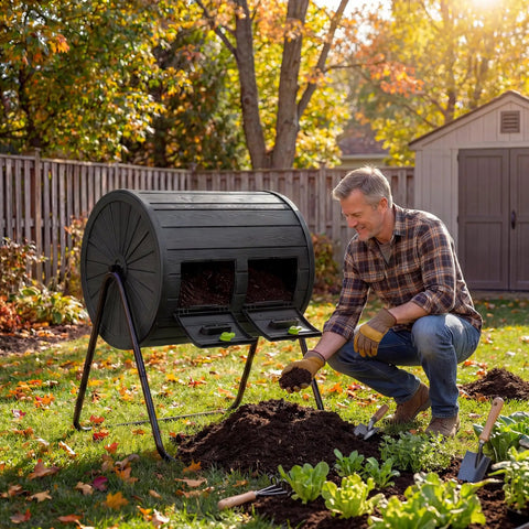 Man using Dual Chamber Compost Tumbler 37.5 Gallon Outdoor Bin BPA Free Rotating Composter With Two Lockable Doors in garden
