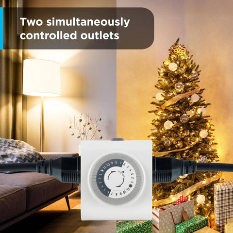 24-Hour Mechanical Outlet Timer Switch with Dual Grounded Plugs for Indoor Lighting and Christmas Decor in Living Room Scene