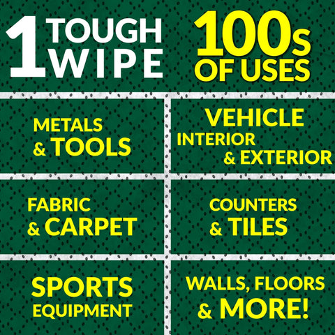 Graphic for heavy-duty cleaning wipes showing 100s of uses and categories: metals/tools, vehicle interior/exterior.