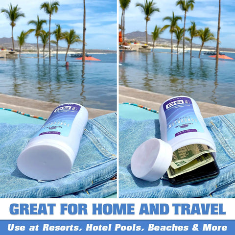 Two Pack Sunscreen Diversion Safe Bottles Hide Valuables Look Like Real Sunscreen at beach with phone and cash inside