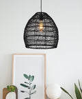 Bamboo Pendant Light Fixture Black Finish, Boho Rattan Woven Hanging Lamp For Kitchen Island Or Nursery, 17.7 Inch Wide
