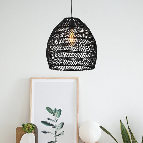 Bamboo Pendant Light Fixture Black Finish, Boho Rattan Woven Hanging Lamp For Kitchen Island Or Nursery, 17.7 Inch Wide