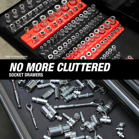 Magnetic Metric Socket Organizer Set For Toolboxes And Rolling Carts 3 Piece Socket Holder Tray displaying neatly sorted sockets