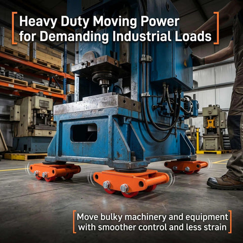 Heavy Duty Machinery Skate Dolly Set With 360 Degree Swivel For Industrial Movers And 4 Large Carbon Steel Casters Built To Move Milling Machines In Factories And Warehouses under a blue machine