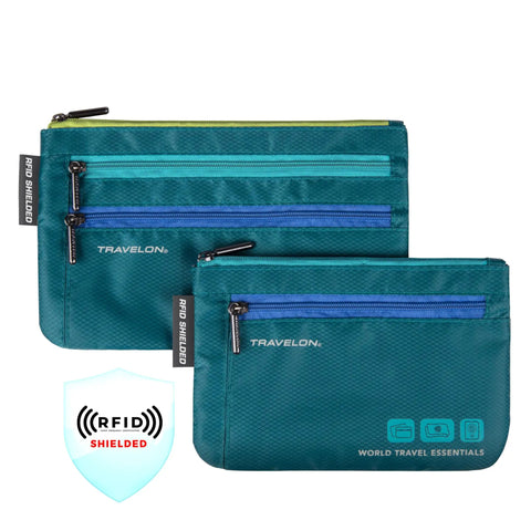 World Travel Essentials Dual RFID Passport And Currency Organizers with colorful zippers, water resistant diamond ripstop.