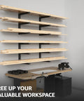 Beefy Wood Organizer And Lumber Storage Rack Wall Mount Heavy Duty Metal Shelf Six Levels Holds Up To 1200 Lbs Indoor Outdoor Use Ideal For Lumber Firewood Pipes Ladders Skis Snowboards Golf Clubs And More installed in a workspace.