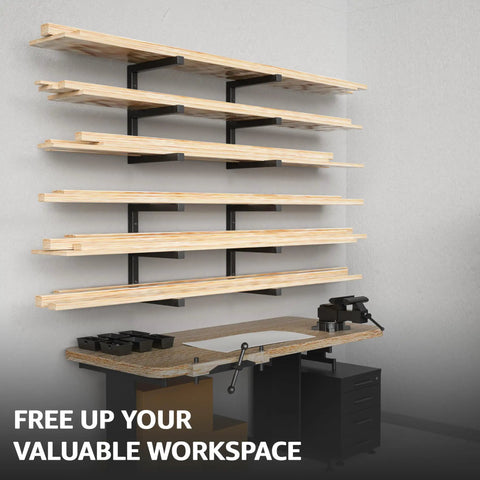 Beefy Wood Organizer And Lumber Storage Rack Wall Mount Heavy Duty Metal Shelf Six Levels Holds Up To 1200 Lbs Indoor Outdoor Use Ideal For Lumber Firewood Pipes Ladders Skis Snowboards Golf Clubs And More installed in a workspace.