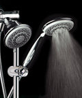 Instant Mount Drill Free Shower Combo With Height And Angle Adjustable 3 Way SpiralFlo Head And Handheld Shower Slide Bar Included 36 Spray Patterns Dual Shower Heads For Easy Spa Upgrade showing water flow from handheld.