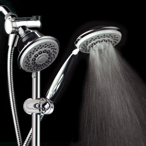 Instant Mount Drill Free Shower Combo With Height And Angle Adjustable 3 Way SpiralFlo Head And Handheld Shower Slide Bar Included 36 Spray Patterns Dual Shower Heads For Easy Spa Upgrade showing water flow from handheld.