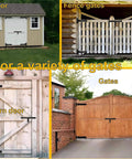 Collage showing Heavy Duty Gate Hinges 13 Inch Load Bearing 900 Lbs with various wooden gates and sheds.
