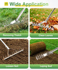 62 Inch Thatch Rake With Adjustable Long Handle, 15 Inch Wide Lawn Thatching Rake For Cleaning Dead Grass And Lawn Debris shown in use