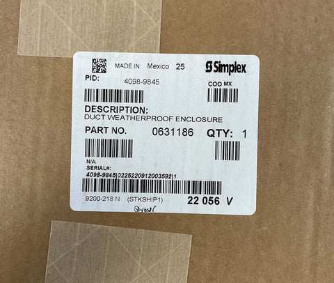 Label on packaged Rock Solid Duct Weatherproof Enclosure For Fire Safety Systems with part number for installation.