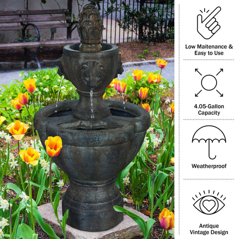 2 Tier Outdoor Fountain In Polyresin With Lion Head Details And Realistic Stone Look Yard Art With Calming Water Sound