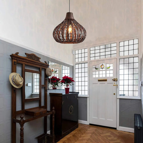 Handwoven Bamboo Pendant Light With Wicker Basket Shade Boho Chic Chandelier in entryway, rustic natural rattan lamp