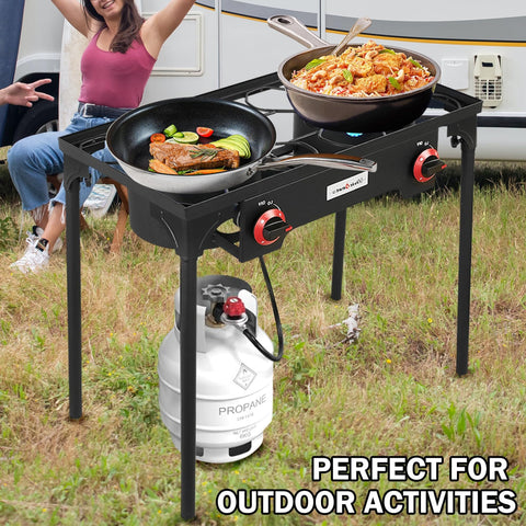 High Pressure Propane Outdoor Cooking Grill Burner For Camping And Backyard BBQs With CSA Regulator 0 To 20 PSIG And 4 Ft Gas Hose Dual Cast Iron Burners, showing dual burners cooking food, propane tank attached.