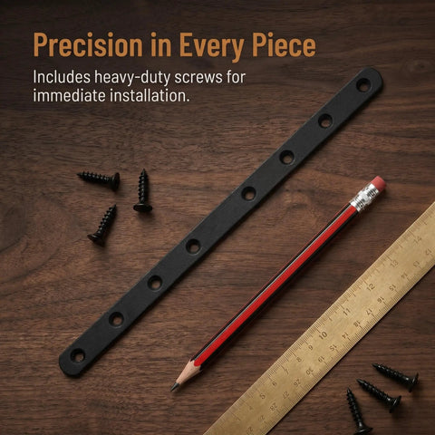 Heavy Duty Flat Straight Brackets Set Of 4 Stainless Steel Mending Plates with screws on wooden surface