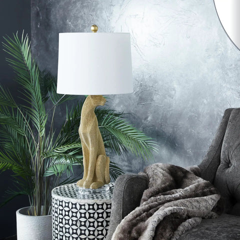 Leopard Polystone Table Lamps Set of 2 in Gold Finish, 29 Inch Tall with Linen Shade on side table, modern living room decor