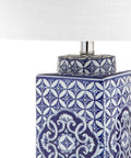 Blue And White Chinoiserie Ceramic Table Lamp With White Linen Drum Shade, Classic Hand Painted Bedside Lamp, corner view.