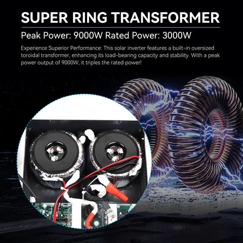 Super Ring Transformer of 3000W 24V Low-Frequency Pure Sine Inverter with 9000W Peak Power and built-in 60A MPPT controller