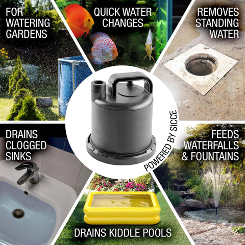 Ultra Zero 793 GPH Multi Purpose Water Pump with garden hose connection shown with various water uses.