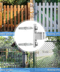 Heavy-Duty 304 Stainless Steel Gate Hinges Kit with screws and plugs for various gates shown, including wooden and metal farm gates.
