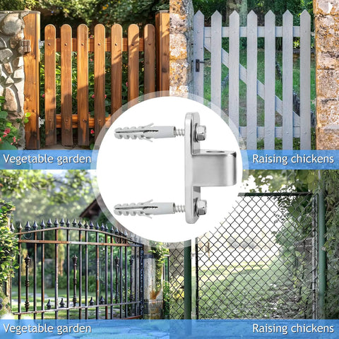Heavy-Duty 304 Stainless Steel Gate Hinges Kit with screws and plugs for various gates shown, including wooden and metal farm gates.