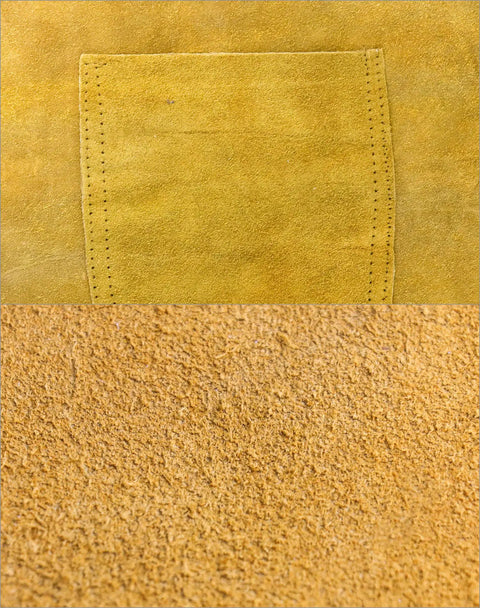 Close-up of Heavy Duty Split Cowhide Leather Welding Apron With Adjustable Neck Strap and Flame Resistant Spatter Shield texture and pocket.