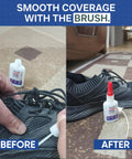 Before and after using Heavy Duty Shoe Glue With Built In Brush And Precision Nozzle For Sneakers, Boots, Heels, Crocs And More Ultra Strong Bond Flexible Repair Works Under Extreme Conditions on a black sneaker.